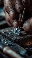 Craftsman skillfully engraving a diamond ring in a workshop with tools and intricate details in focus photo