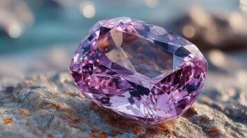 Sparkling purple gemstone rests on textured surface under soft light near rocky terrain photo