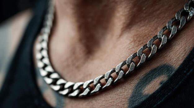 Close-up display of metallic chain jewelry with intricate detailing worn by a person photo