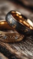 Beautifully crafted wedding rings with intricate designs and textures resting on wooden surface photo