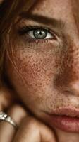 Close-up of a young woman with striking freckles and captivating green eyes gazing thoughtfully, showcasing natural beauty and unique features photo
