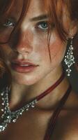 Close-up portrait of a woman with striking red hair and elegant jewelry in soft lighting photo