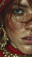 Close up of a model with freckles and striking jewelry in a vibrant outfit during a fashion shoot photo