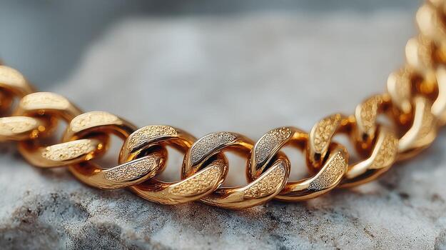 Golden chain bracelet resting on a textured stone surface showcasing intricate links and surface details in natural light photo