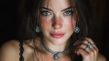 Portrait of a model showcasing intricate jewelry in a dimly lit setting with a natural look and captivating blue eyes photo