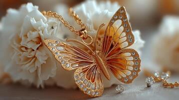 Elegant gold butterfly necklace displayed near delicate floral arrangements in a bright setting at midday photo