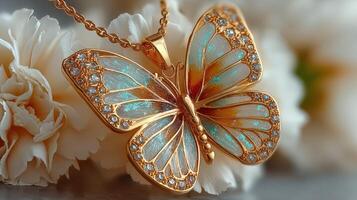 Gold butterfly pendant adorned with crystals resting on white flowers during bright afternoon light photo