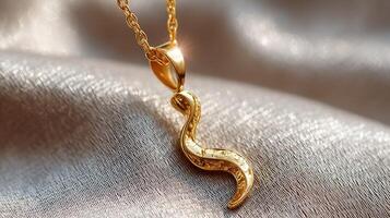 Golden snake pendant resting on soft fabric in a close-up view photo