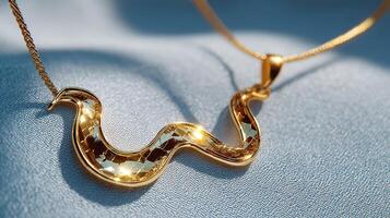 Elegant gold snake-shaped necklace resting on a soft fabric background under bright lighting photo