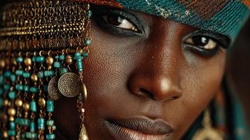 Portrait of a woman with intricate jewelry and stunning features in a vibrant setting photo