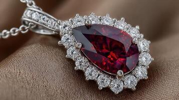 Stunning ruby and diamond pendant necklace displayed on luxurious satin fabric photo