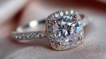 Sparkling diamond engagement ring showcased against a soft satin backdrop highlighting its elegance and craftsmanship photo