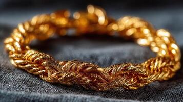 Elegant gold bracelet displayed on soft fabric background, showcasing intricate design and craftsmanship photo