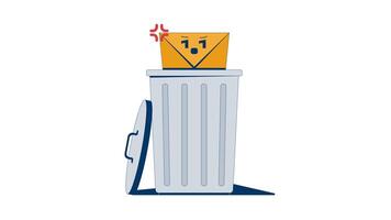 Deleting suspicious unwanted email 2D animation. Spam e-mail envelope being thrown into trash bin. Junk message animated composition cartoon flat concept metaphor 4K isolated on white video