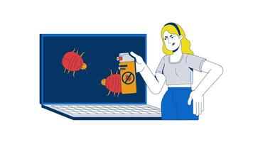 antivírus computador portátil 2d animação. depuração vírus malware. cyber higiene. mulher pulverização computador insetos em Área de Trabalho tela animado personagem desenho animado plano conceito metáfora 4k isolado em branco video