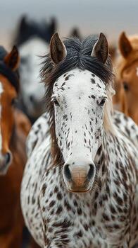 caballos en pie juntos en un manada debajo un nublado cielo en un abierto campo durante temprano Mañana horas foto