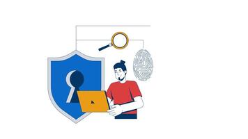 IT security workflow 2D animation. Digital protection loop. Identity access. Cybersecurity provider analyst holding laptop animated character cartoon flat concept metaphor 4K isolated on white video