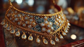 Intricate gold necklace showcasing detailed floral design and sparkling stones in a jewelry shop setting photo