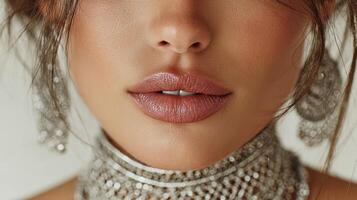 Close-up of woman's face showcasing elegant jewelry and natural beauty while modeling for a fashion campaign in a studio setting photo