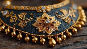 Intricate golden necklace featuring ornate design and gemstones resting on wooden surface photo