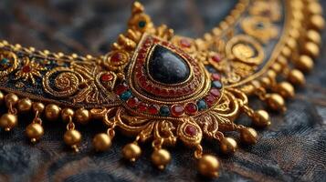 Intricate golden necklace with colorful gemstones displayed on textured fabric background photo