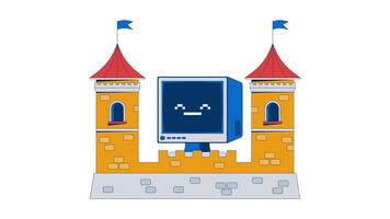 Computer protection 2D animation. Cybersecurity stronghold firewall. CRT monitor protected in digital fortress towers animated composition cartoon flat concept metaphor 4K isolated on white video