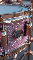Sparkling pink snare drum showcasing intricate design during outdoor music event in the afternoon sunlight photo