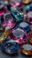 Shimmering collection of colorful gemstones arranged on a dark surface showcasing their brilliance photo