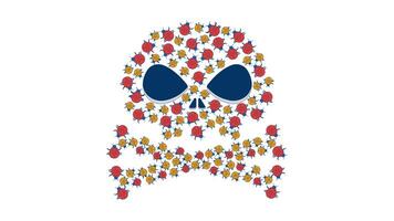 Danger skull crossbones made of digital bugs 2D animation. Pests infestation hacker cybersecurity. Malware computer virus animated composition cartoon flat concept metaphor 4K isolated on white video