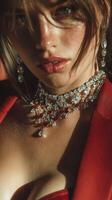Stunning close-up portrait of a model showcasing jewelry in vibrant red attire during golden hour photo