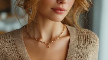 Elegant woman showcasing a gold necklace while wearing a cozy sweater in a softly lit indoor space photo