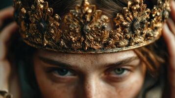 Young woman adjusts ornate golden crown, showcasing intricate design and captivating expression in a regal portrayal photo