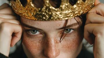 Young person adjusting gold crown with focused expression in indoor setting photo