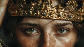 Individual wearing an ornate crown expresses confidence and regality in an indoor setting during a historical reenactment photo