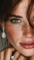 Close-up of a young woman with freckles and earrings showcasing natural beauty in soft lighting photo