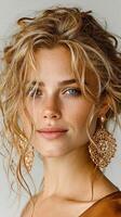 Woman with curly hair and large earrings poses gracefully against a neutral background in a close-up portrait photo