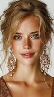 Elegant close-up of a woman showcasing intricate jewelry in a light backdrop during an indoor event photo