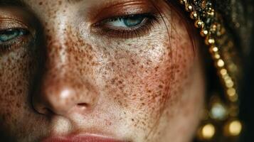 Close-up of a person with striking freckles and unique accessories during a cultural celebration in nature photo