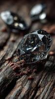 Sparkling diamond resting on aged wooden surface with rustic texture showcasing natural light reflections photo