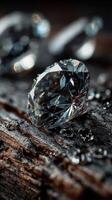 Sparkling diamond resting on a wooden surface illuminated by soft light at an indoor setting photo