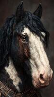 Beautiful close-up of a majestic horse with a black and white coat showcasing its features and natural elegance photo