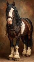Majestic black and white horse stands proudly in a rustic studio setting with a warm backdrop photo