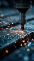 Metal cutting process using a laser machine in a workshop with sparks flying during operation photo