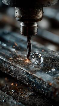 Close-up of a diamond being expertly drilled with sparks flying in a workshop setting photo