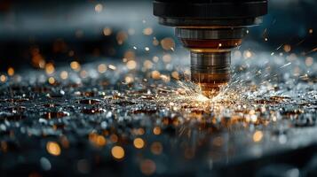 Sparks fly as laser cutting machine shapes metal in a workshop environment during evening hours photo