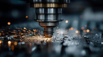 Advanced laser cutting technology creates precise sparks during metal fabrication in a workshop photo