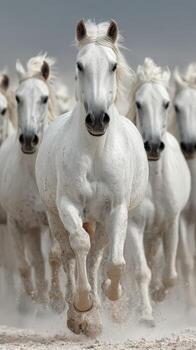 manada de blanco caballos corriendo mediante el llanuras a atardecer, creando un nube de polvo en el dorado ligero de el noche foto