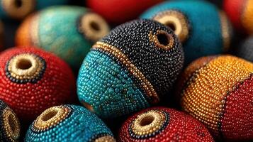 Colorful handcrafted beads displayed in intricate patterns at a local artisan market during a sunny afternoon photo