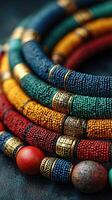 Colorful beaded necklaces with intricate gold accents displayed on a textured surface photo