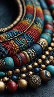 Unique handcrafted jewelry showcasing intricate bead designs at a local artisan market in the afternoon sun photo